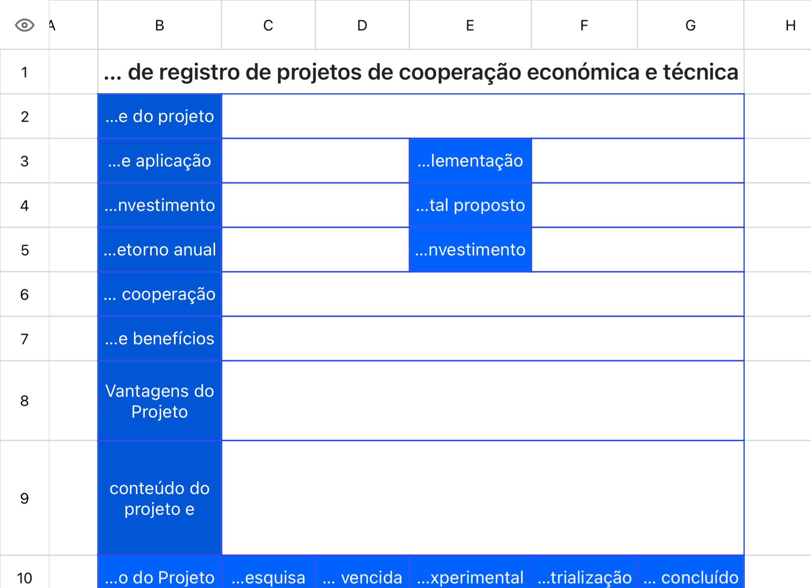 Formulário de registro de projetos de cooperação económica e técnica